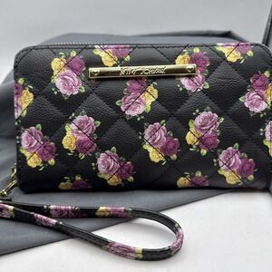 Betsey Johnson Floral Wallet Wristlet Zip Black Floral Purple Roses Purse NWOT